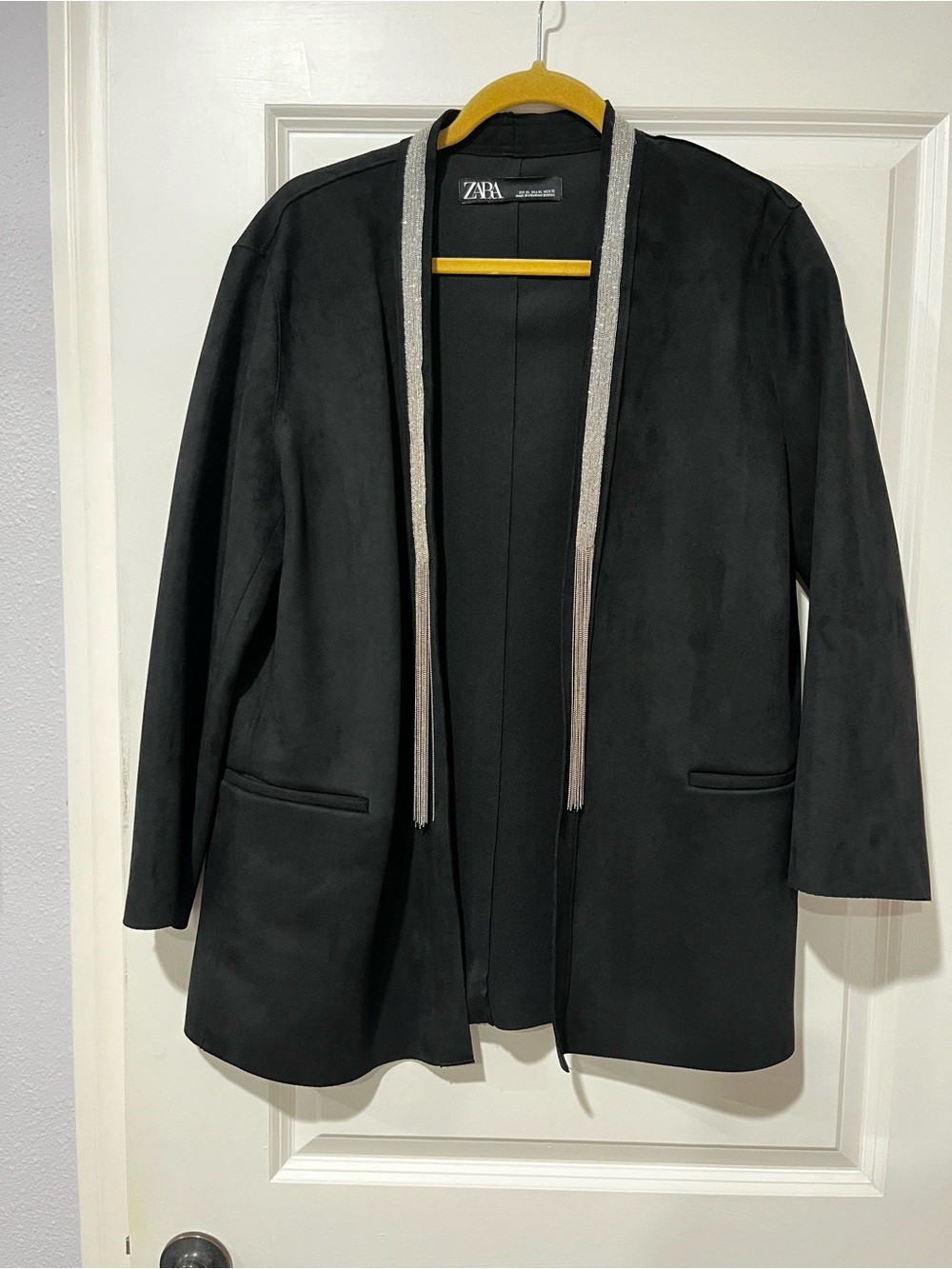 Zara Black Open-Front Jacket with Silver Tassel Trim